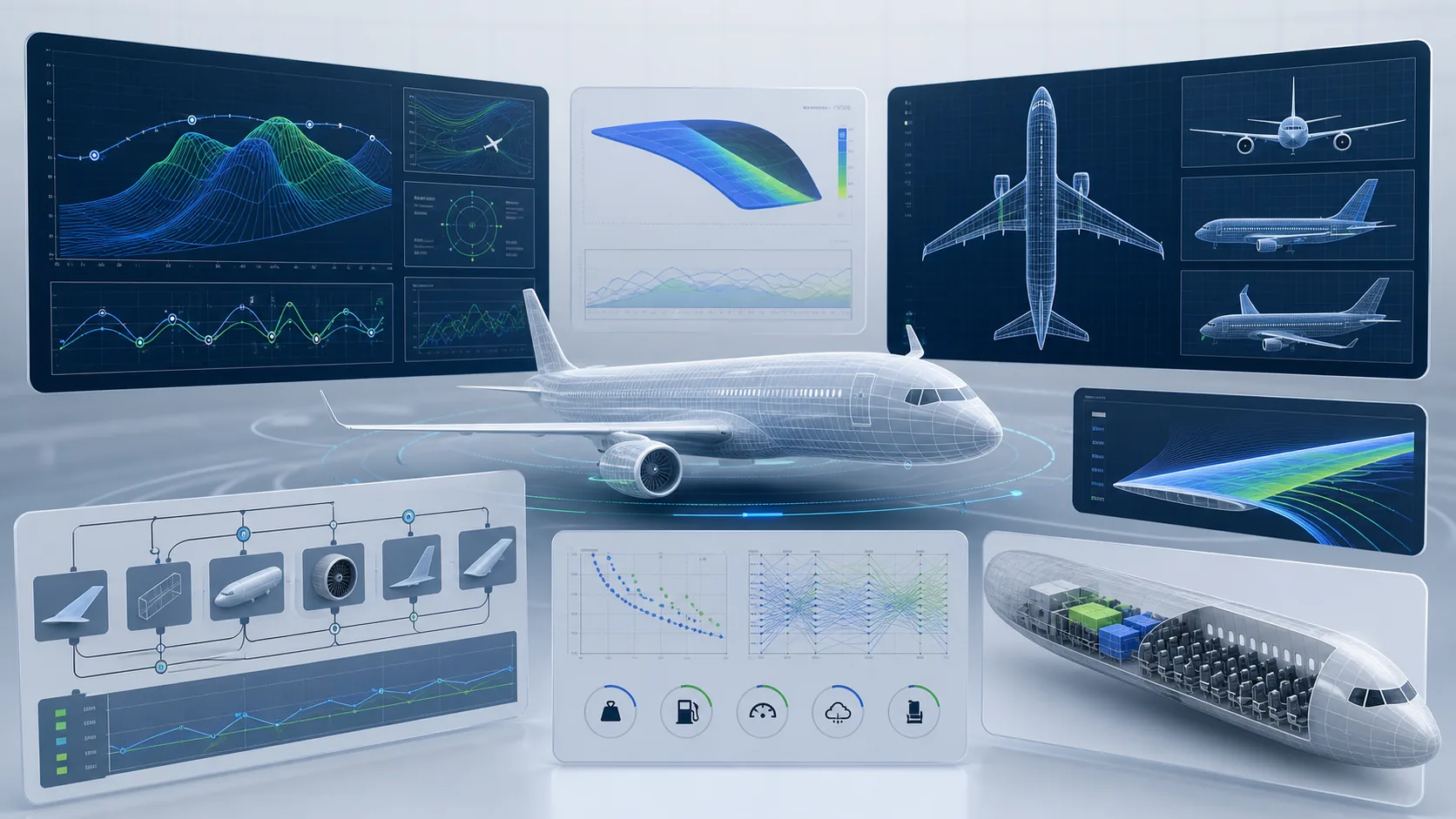 Custom aerospace software interface with aircraft analysis, simulation plots, and engineering data views