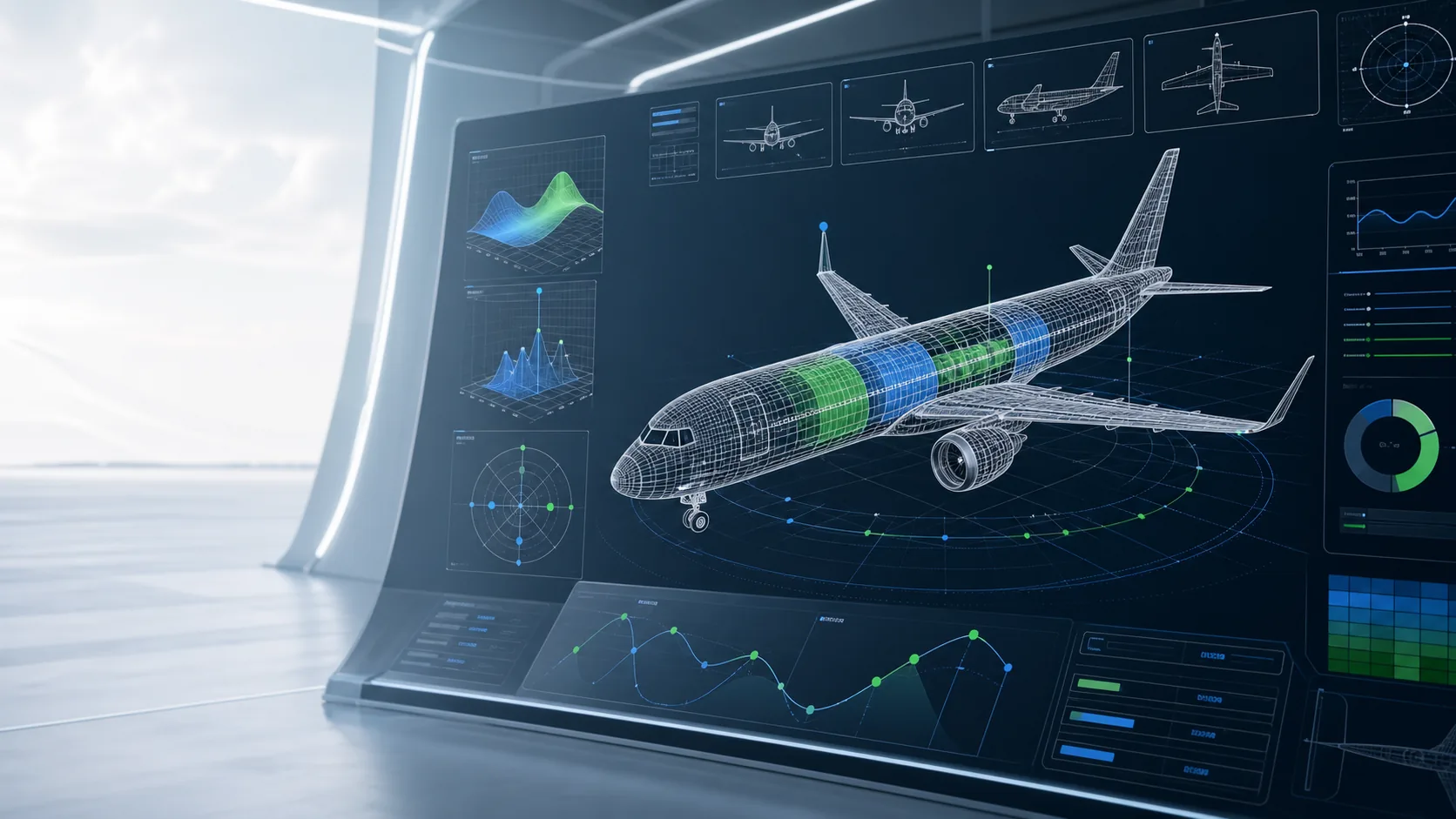Aerospace program dashboard showing aircraft engineering and mass properties information