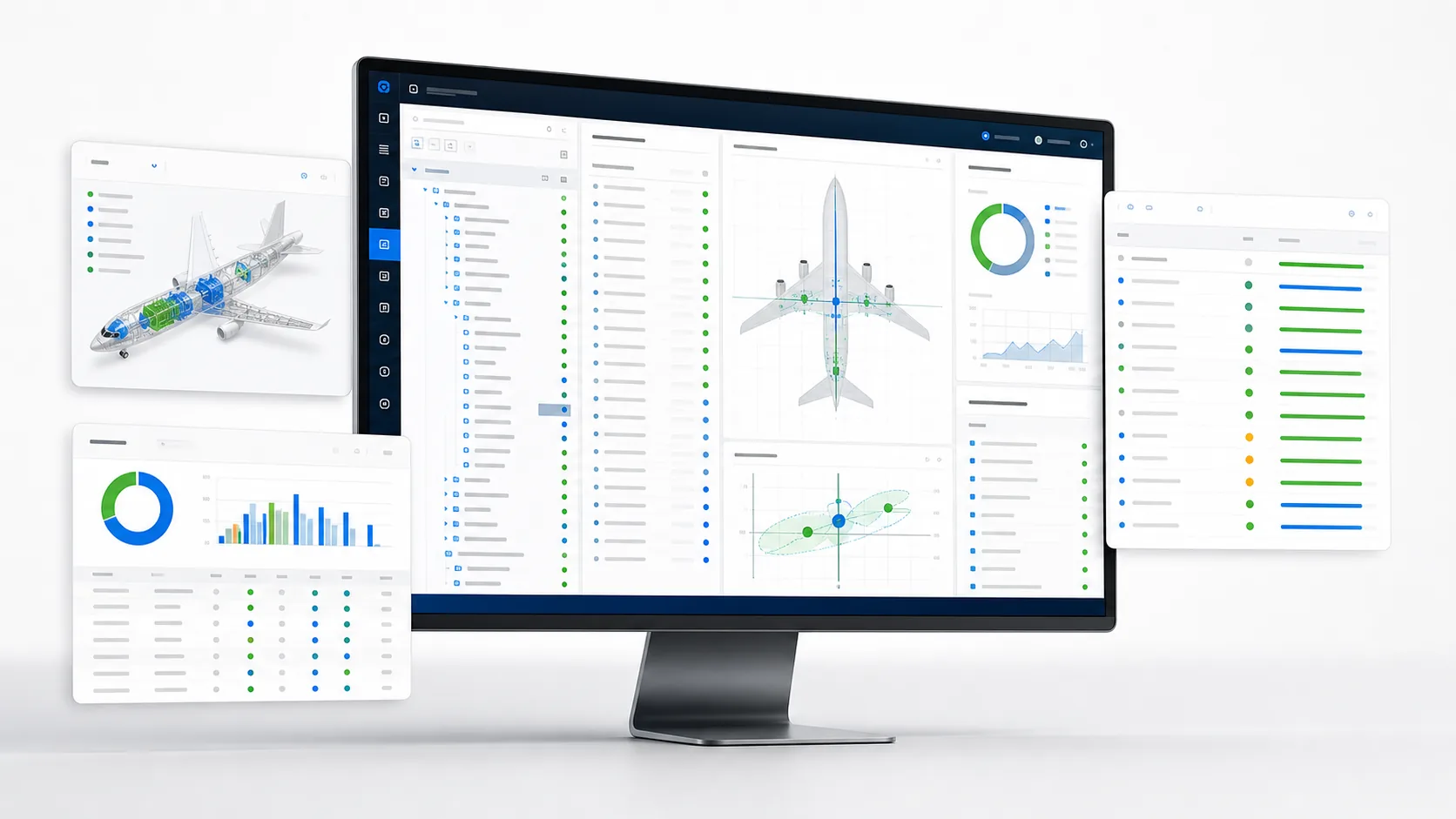 Aerospace mass properties dashboard with aircraft component hierarchy and center-of-gravity plot